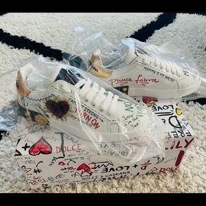 Dolce and Gabbana Portofino graffiti-print low top leather